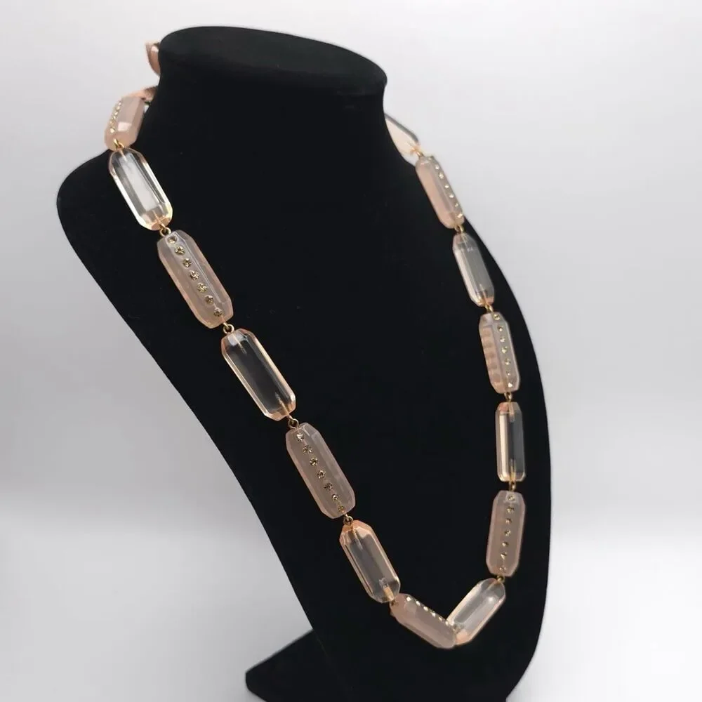 J.Crew Bead Necklace Rose Colored Oblong Rhinestones‎ Rose Ribbon Pink
